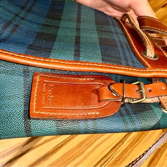 Vintage Polo Ralph Lauren BlueGreen Plaid Leather-Trimming